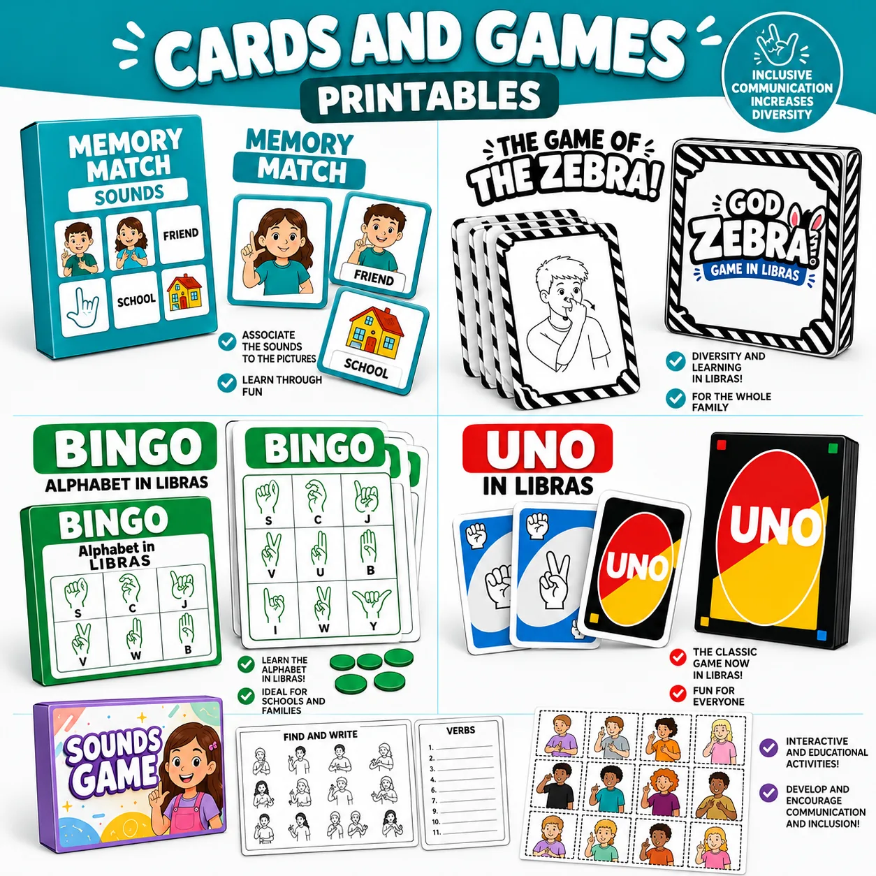 Mockup of the printable sign language cards, games and activities