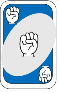 Blue card with a sign from the sign language UNO game